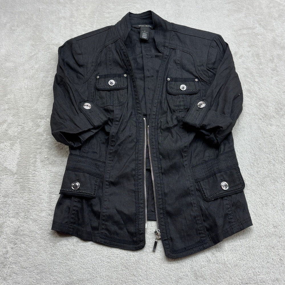 White House Black Market Utility Jacket Women's 2 Black Linen Blend Chic Safari